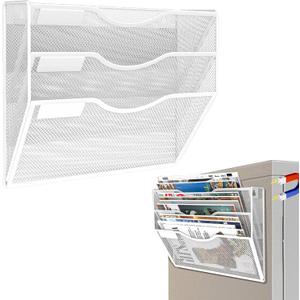 3-Tier Magnetic File Holder, No Drilling Installation File Cabinet Organizer, White Magnetic File Organizer, Magazine Rack, Magnetic Paper Holder for Refrigerator, File Cabinets,White