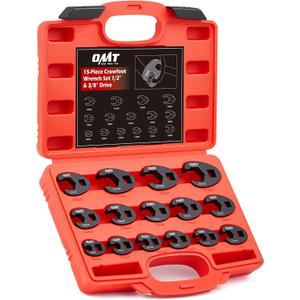 Orion Motor Tech Crowfoot Wrench Set, 15-Piece Crows Foot Wrench Set with 8 to 24 mm Metric Flare Nut Wrenches, 1/2 & 3/8 in. Drive Flare Nut Wrench Set with Laser Etched Marking Carry Case, Red