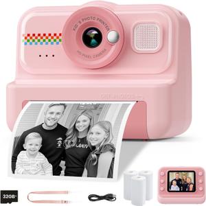 Kids Instant Print Camera, 1080P HD with 3 Rolls Print Paper & 32GB Card, Selfie Digital Camera for Kids, Ideal Gift for Boys & Girls Age 3-14 (Pink)