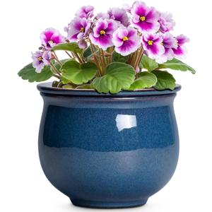 African Violet Pots, 6 Inch Ceramic Easy Self Watering Pots for Indoor Plant, Round Self Watering Planter with Absorbent Inner Pot, Ceramic Flower Pot, Room Decor, Plant Lover Gift, Retro Blue