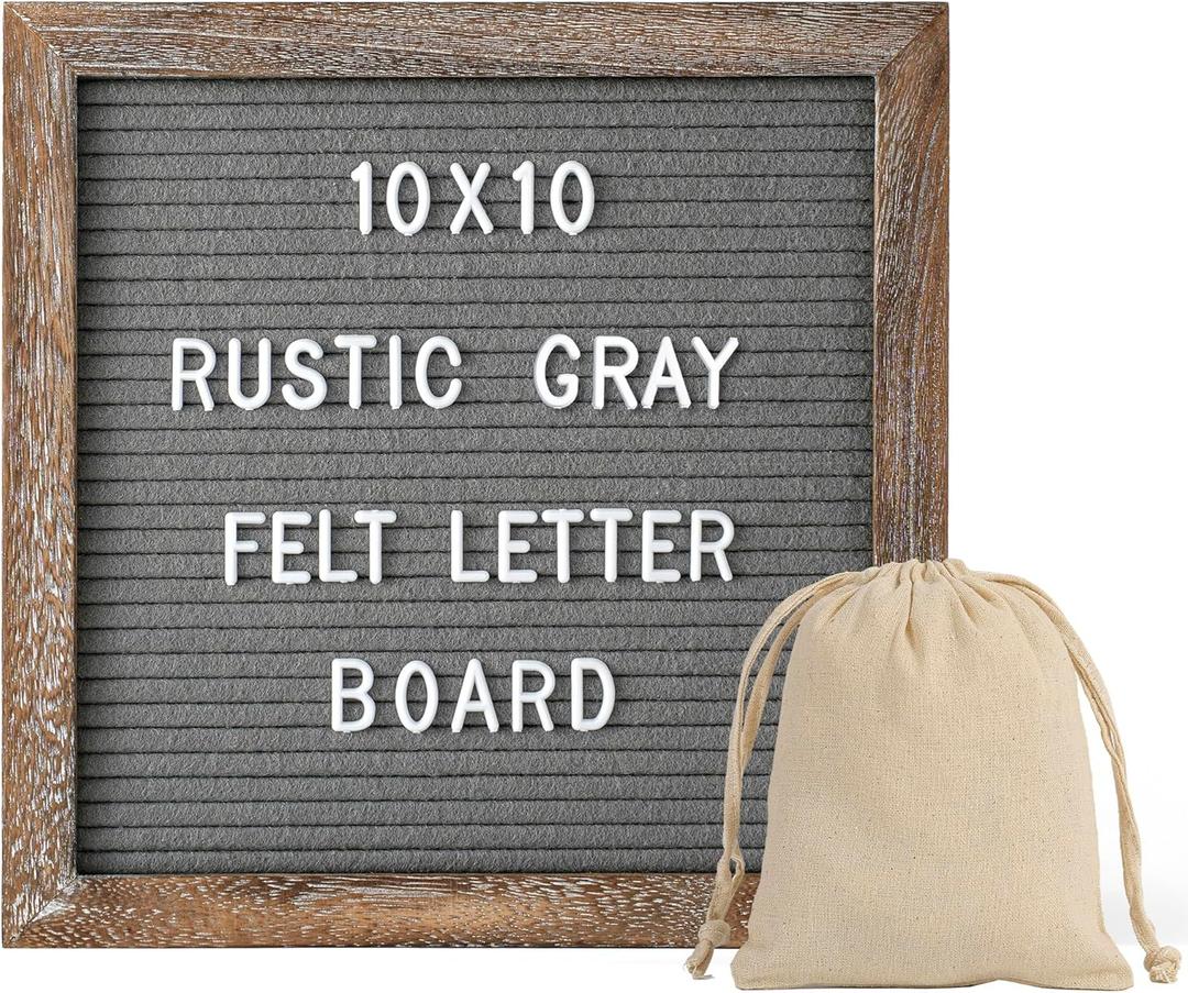 Rustic Felt Letter Board with 340 Changeable Letters&Numbers, 10x10 Message Board Letter Sign Board in Rustic Frame with Stand and Canvas bag for Announcement&Notification(Rustic Gray)