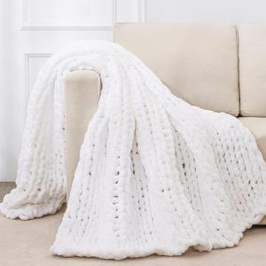 Bigacogo Chunky Knit Throw Blanket for Couch, 40x60 inches, 100% Hand Knitted with Thick Jumbo Chenille Yarn, Cozy Soft Large Rope Knot Cable Crochet Blankets for Sofa Bed Living Room, White