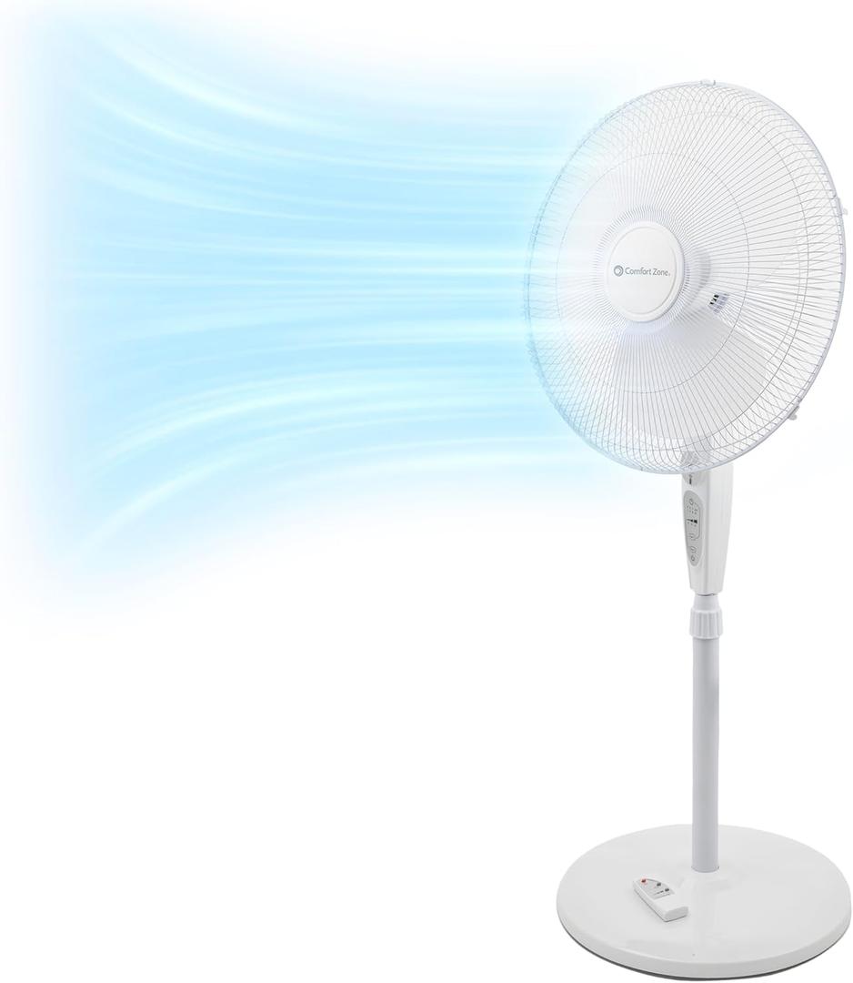 Comfort Zone 18 inch Oscillating Standing Fan with Remote Control, 3 Speed Pedestal Fan for Bedroom, Adjustable Height (45-52) & Tilt, & 4H Timer, 75 Degree Oscillation, Auto Shutoff, White