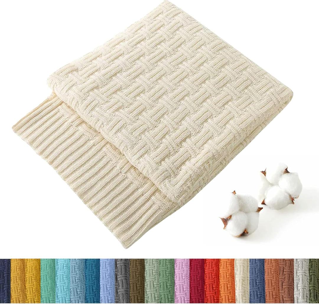 TREELY 100% Cotton Knitted Throw Blanket Couch Cover Blanket(50 x 60 Inches, Ivory White)
