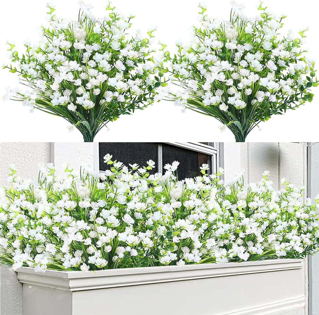 Sggvecsy Artificial Flowers for Outdoors 24 Bundles UV Resistant Boxwood Shrubs Artificial Eucalyptus Fake Plants Faux Plastic Greenery for Farmhouse Garden Home Indoor Outdoor Decoration, White
