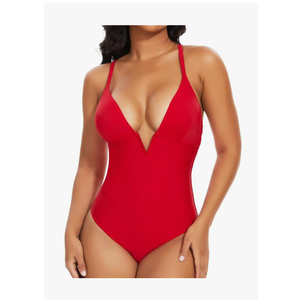 SHAPERIN Women's One Piece Swimsuit Deep V Neck Bathing Suits Tummy Control Push Up Padded, Size L
