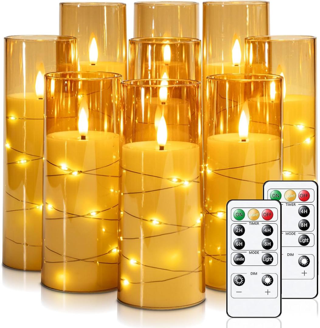 Raycare Flameless LED Candles with Embedded Star String, 9 Pcs Battery Operated Acrylic Pillar Candles with Timer and Remote, Flickering Candle for Romantic Ambiance and Home Decoration(Glod) (Gold)