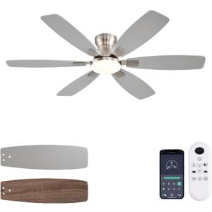 Ceiling Fans with Lights, 52 Inch Low Profile Ceiling Fan with Light and Remote Control, Flush Mount, Reversible, 3CCT, Dimmable, Quiet, Nickel Ceiling Fan for Bedroom Indoor/Outdoor Use