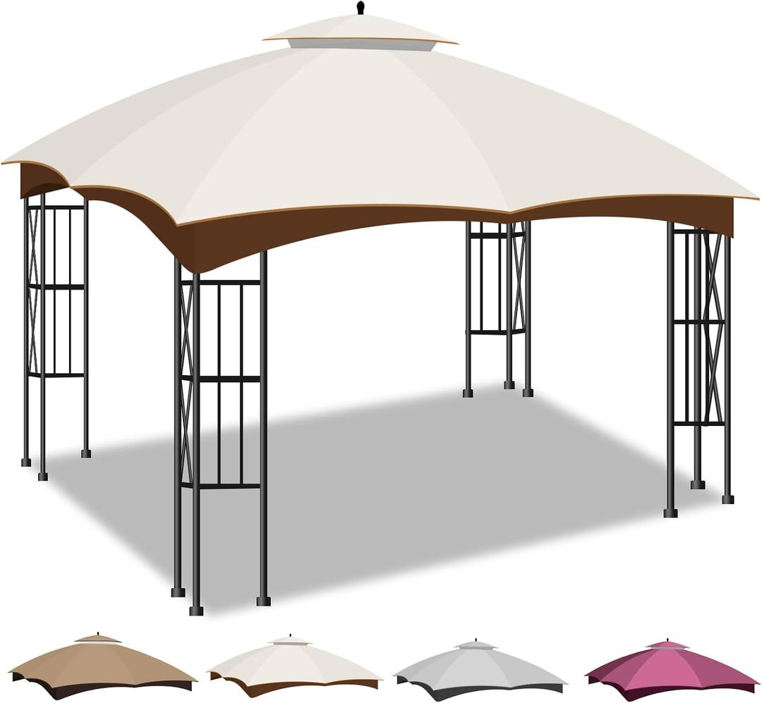 10x12 Double Tiered Gazebo Replacement Canopy, Upgraded 300D Polyester Heavy Duty Canopy Cover Top with Air Vent, Waterproof Gazebo Cover Roof for Outdoor Patio Garden (Dark Beige)