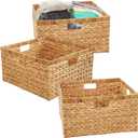 BARIEN 14.5 x 13.5 x 8 (Set of 3) Natural Water Hyacinth Storage Baskets, Rectangular Wicker Basket with Built-in Handles, Large (14.5 x 13.5 x 8 in (3-Pack))
