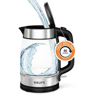 KRUPS 1.7L Glass Electric Kettle: Fast-Boiling 1500W with LED Indicator, Anti-Scale Filter, Auto Shut-Off, and Cordless Design - Boil 1 Cup in 80 Seconds for Perfect Tea and Coffee