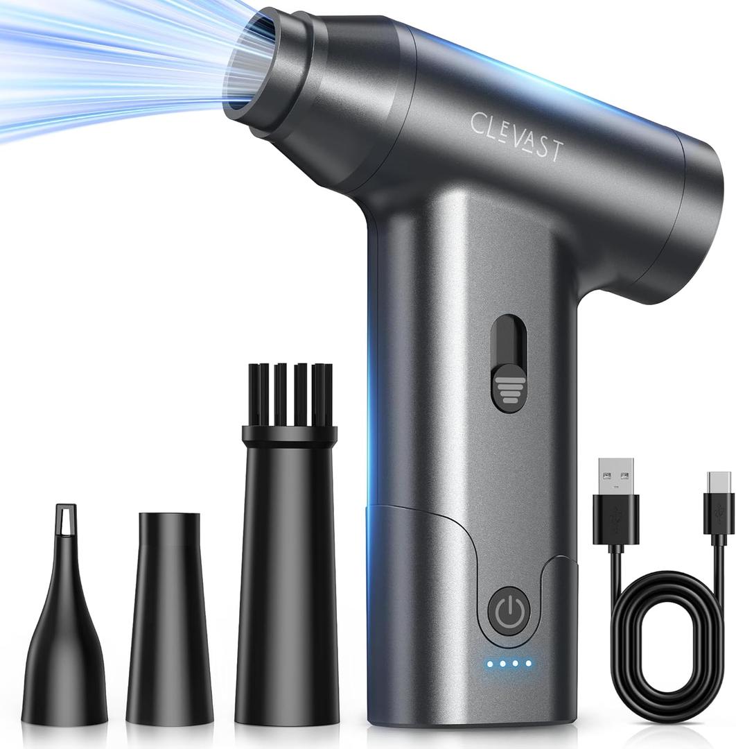 CLEVAST Compressed Air Duster Super Power Cordless Electric Mini Air Blower, 130,000 RPM Brushless Motor, Stepless Speed Control, Rechargeable for PC, Keyboard, Car, Electronics Cleaning Kit
