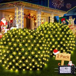Hezbjiti Christmas Net Lights Outdoor 200 LED 6.9FT x 5.4FT Clear Wire with 8 Modes, Connectable Plug in Waterproof, Timer Memory Function for Xmas Tree Bush Porch Lawn Windows Decor2 Pcs Warm White