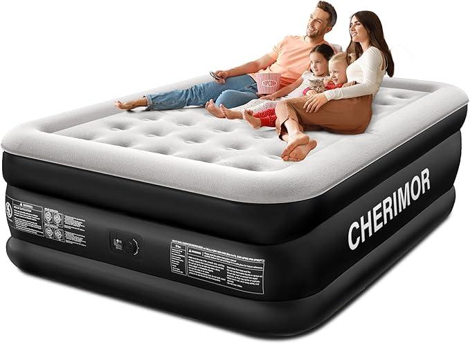 CHERIMOR Queen Air Mattress with Built in Pump, 18" Raised Comfort, MultiLayer Leakproof, HeavyDuty Support Blow Up Mattress, 800lbs High Capacity, 3 Min Inflation for Home Camping Guests