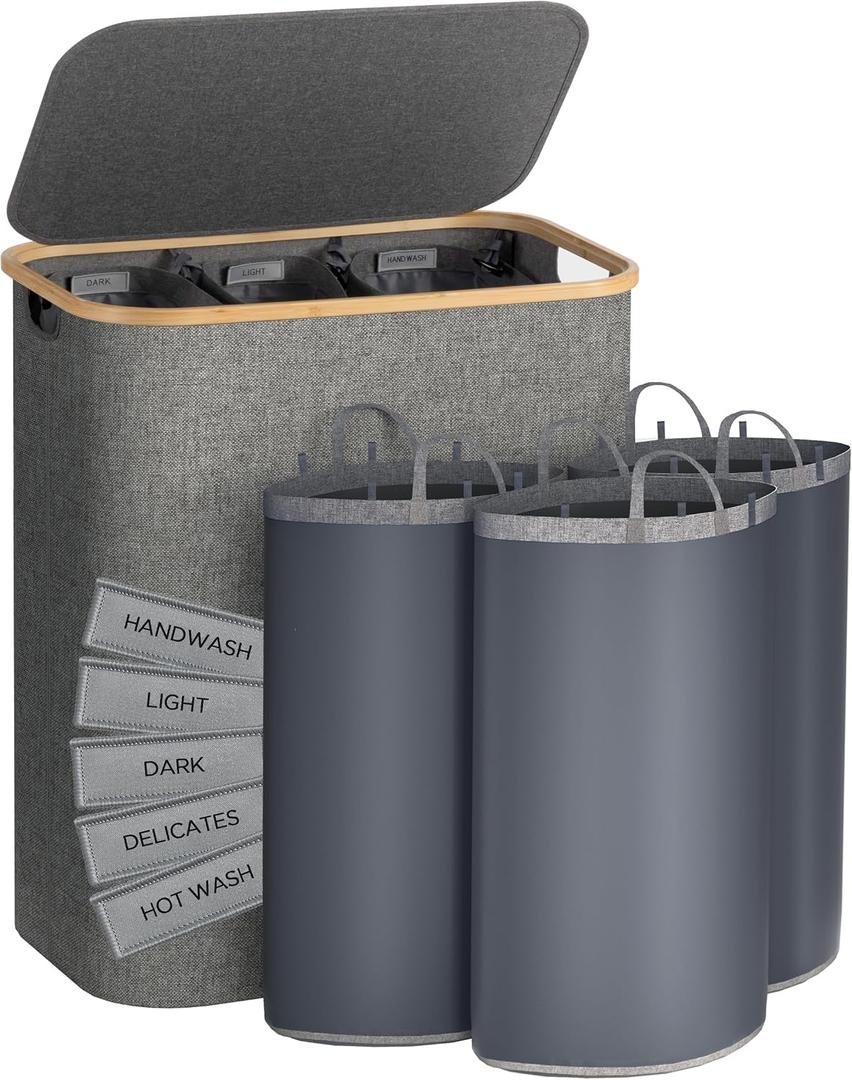 Famyards Laundry Hamper with Lid, 170L Extra Large Laundry Hamper 3 Section, Dirty Clothes Hampers with Removable Laundry Bags, Laundry Basket Organizer for Bathroom, Bedroom, Dorm Laundry Room(Grey)