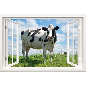 Fake Window Wall Mural - Cow in Field Faux Window Wall Sticker for Home Decor, Peel and Stick Wall Decals, 48" x 32", Set of 2 Sheets