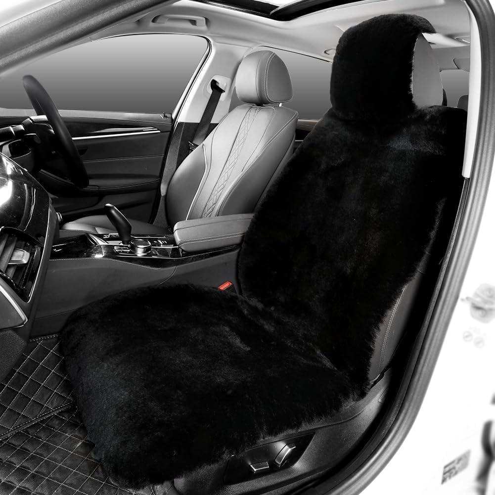 IRIWOOL Fluffy Fur Sheepskin Car Seat Cover Automotive Interior Accessories Seat Covers Accessories Seat Cushions Soft Natural Pure Wool Universal Fits Most Cars SUVs (Black, Universal Fit)