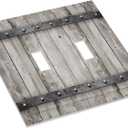 Farmhouse Grey Wood Barn Door Double Toggle Light Switch Cover Decorative 2 Gang Electrical Switchplate Faceplate Rustic Country Gray Wall Plates for Kitchen Bedroom Bathroom Decor (Plastic）