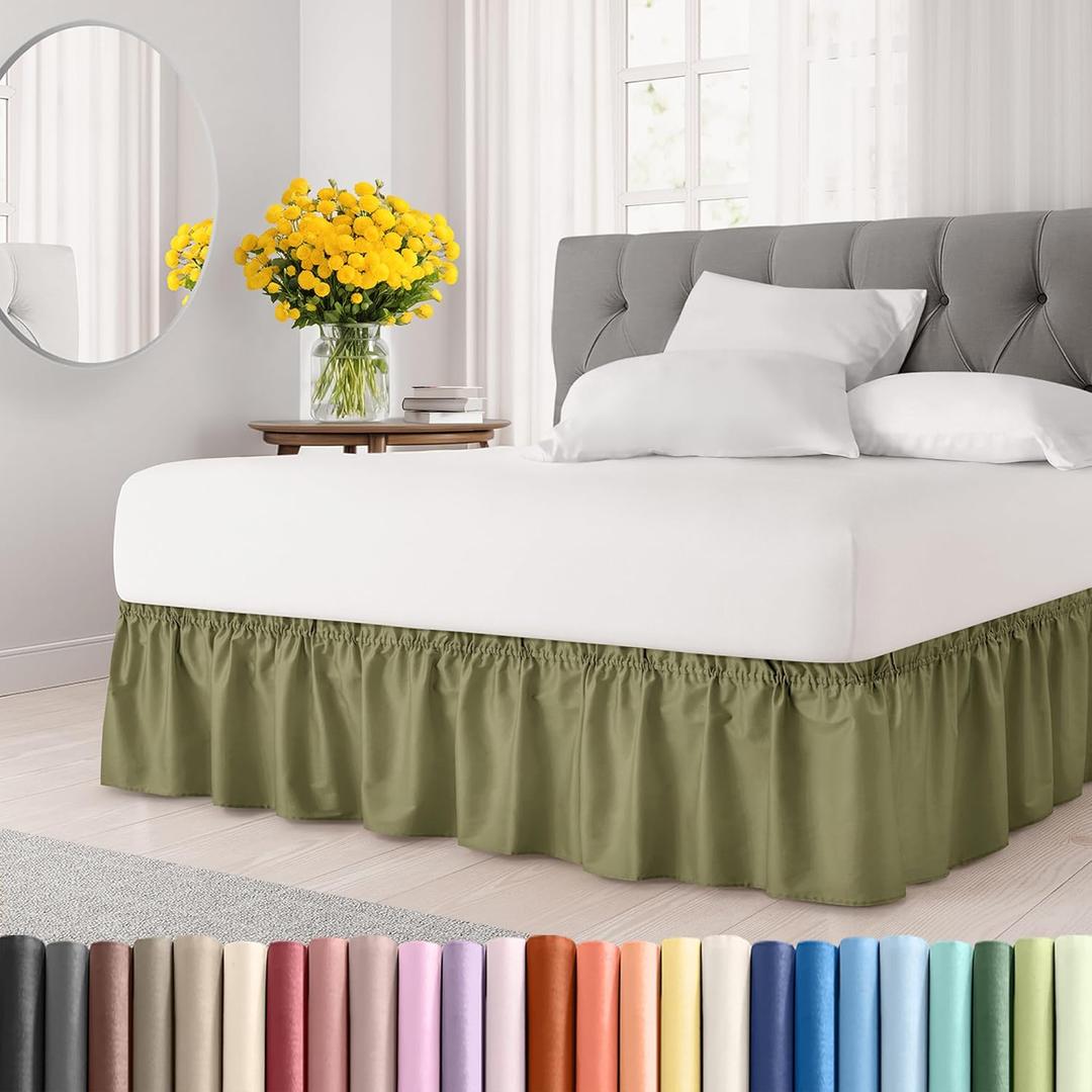 Wrap Around Dust Ruffle Bed Skirt - Sage Green - for Queen Size Beds with 18 Inch Drop - Elastic Strap - Adjustable Pleated Bedskirt with Brushed Fabric and Wrinkle Free - For Women, Men, Kids & Teens