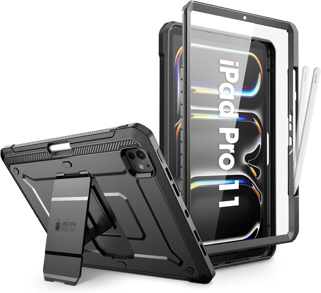 SUPCASE for iPad Pro 11 Inch Case M5/M4 (2025/2024) with Pencil Holder (Unicorn Beetle Pro), [Built-in Screen Protector & Stand] Full-Body Rugged Cover for iPad Pro 11'' 6th/5th Gen, Black | M4 2024, 5th Generation, with Pencil Holder, Stand, Full-Body