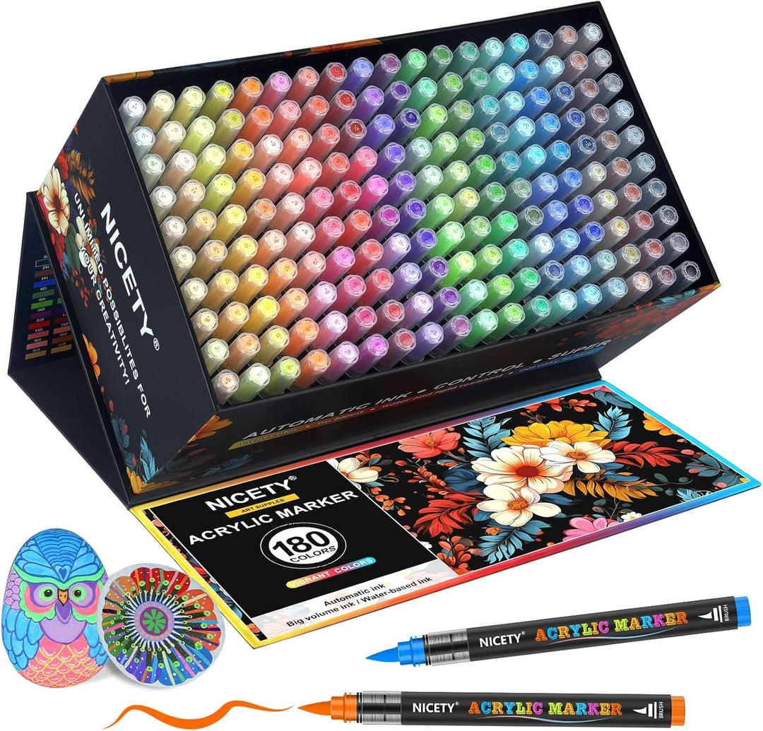 180 Acrylic Paint Markers, Acrylic Paint Pens Brush Tip for Rock Painting, Wood, Glass, Stone, Canvas, Ceramic, Fabric - Acrylic Markers DIY Craft & Art Supplies for Kids, Adults, Artists
