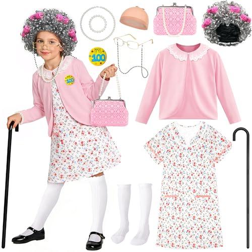 Old Lady Costume for Kids, 100 Days of School Costume for Girls, 100th day of School Granny Grandma Dress Up Costume Outfit, Old Lady Cosplay Set with Old Lady Dress and Wig for Gilrs 8-10