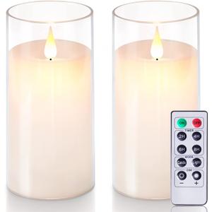 5plots 3" x 6" Pure White Flickering Flameless Candles with Clear Shell, Unbreakable Glass Battery Operated Plexiglass LED Pillar Radiance Candles with Remote Control and Timer
