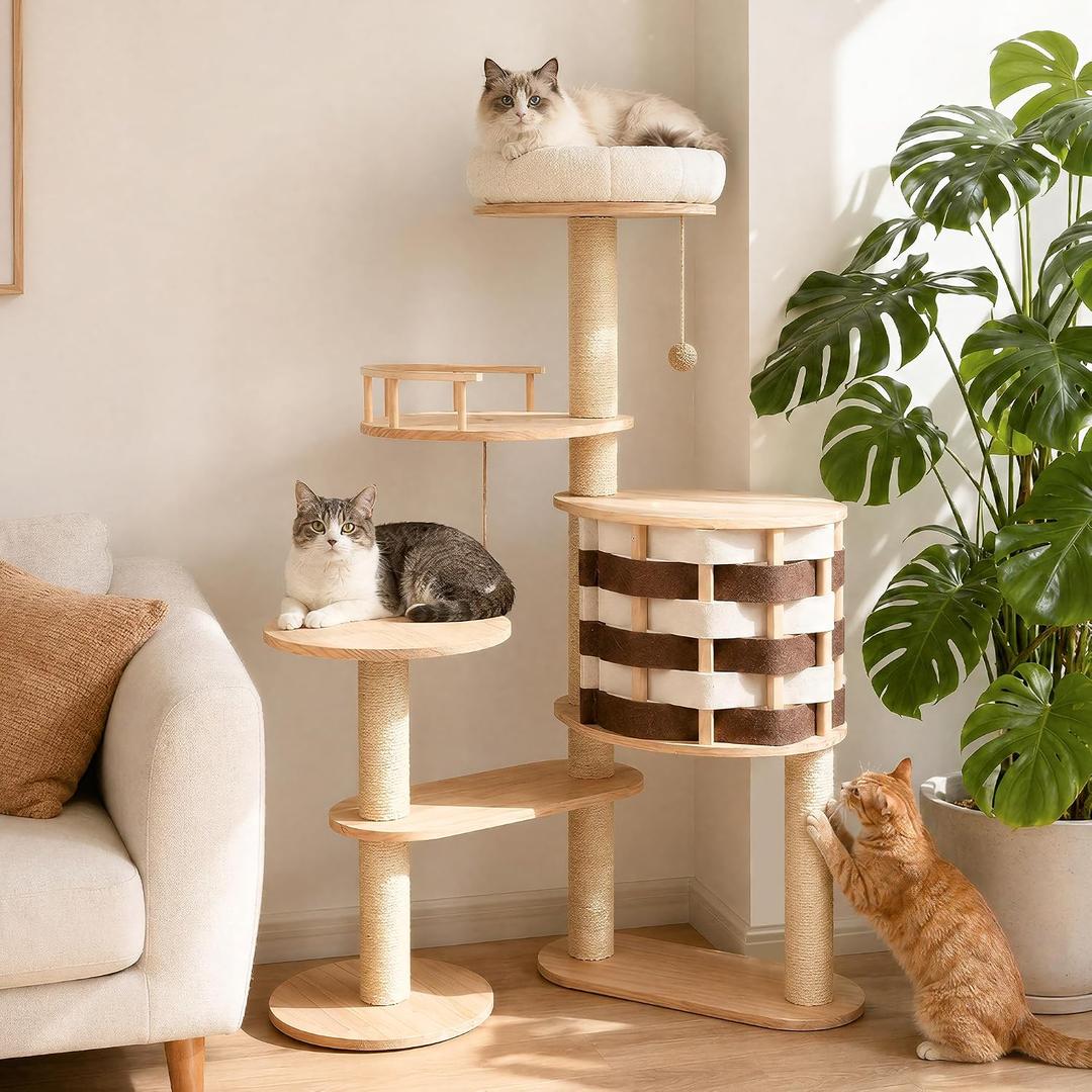 48 Inch Solid Wood Cat Tree, Modern Cat Tower for Indoor Cats, Chessboard Style Cat Condo with Guardrail Perch, Sisal Scratching Posts, Washable Cushion, Hanging Balls, Natural