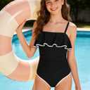Girls Swimsuit One Piece Swimsuits Ruffle Solid Color Bathing Suit for Teens Contrast Trim Swimwear 9-16Y with Padded