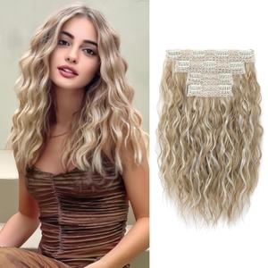 REECHO Clip in Hair Extensions, 4PCS Hair Extensions 12" Short Curly Wavy Blonde hair extensions Invisible Lace Weft Natural Soft Hairpieces for Women Dark Blonde with Highlights