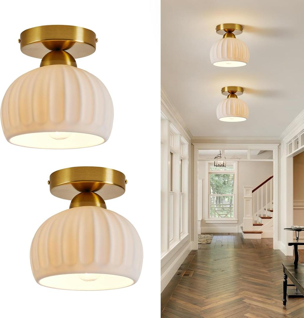 Vintage Ceramic Semi Flush Mount Ceiling Light - 2 Pack, Gold Hallway Light Fixtures, White Globe Ceiling Lights,Mid Century Small Chandelier Light Fixture for Cottage Entryway Laundry Room Kitchen