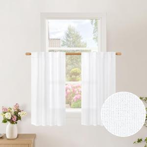 BGment White Linen Cafe Curtains 30 Inch Length, Rod Pocket Half Drapes Light Filtering for Bathroom Kitchen Window Over Sink Ring Clips Decorative, 34 Inch Wide Each Panel