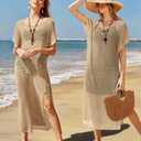 VOTEPRETTY Womens Two Piece Cover Ups Sets Crochet Beach Vacation Summer Swimwear Short Sleeve Outfits Split Knit Long Dress (L)