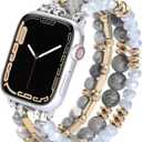 VISOOM Beaded Boho Bracelet Compatible with Apple Watch Band 42mm/44mm/45mm/46mm Series 10/SE/9/8/7/6/5/4/3/2/1 Women Handmade Crystal Stretchy Iwatch Strap (Ivory Gray)