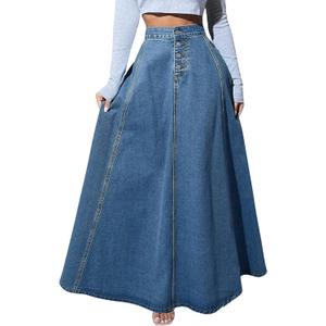 ebossy Women's Retro High Waisted Button Fly Flared Long Jean Skirts Pleated Flowy Swing A-line Denim Maxi Skirts (XXL, Blue)