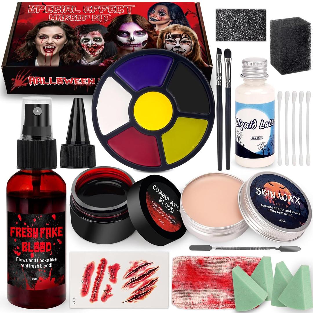 Halloween Special Effect Makeup Kit 6 Colors Fake Blood Face Body Painting, Liquid Latex Sfx Makeup with Skin Wax and Scar Stickers, Multiple Accessories for Vampire Zombie and Fake Scar