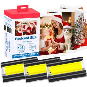 Compatible with Canon Selphy CP1500 CP1300 CP1200 Ink and Paper KP-108IN 3 Color Ink Cartridges and 108 Sheets 4 x 6 Photo Paper Glossy for Canon Selphy Series Photo Printers(Water Oxidation-Proof)