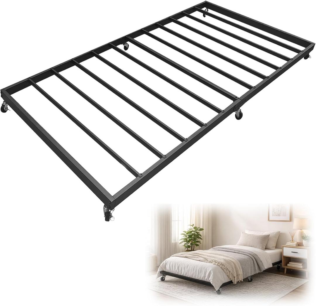 Twin Trundle Bed Frame with Steel Slats, Effortless Roll-Out Trundle Frame, Silent Locking Wheels & Quick Assembly, Space-Saving Guest, Kids, or Dorm Bed for Small Rooms, Black