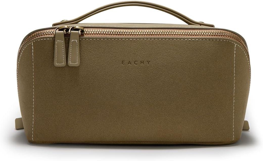 EACHY Travel Makeup Bag, Large Capacity Cosmetic Bag for Women, Waterproof PU Leather, Flat Open Portable Toiletry Bag for Skincare, Brushes & Travel Essentials (Medium, JA-Green)