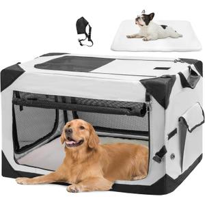 42" Soft Collapsible Dog Crate, Portable Travel Dog Crate for Extra Large Dogs Indoor & Outdoor, 4-Door Foldable Dog Kennel with Safety Zippers, Mesh Windows, Soft Mat for Travel or Home Use