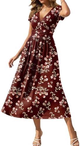 Gracyoga Women's Summer Dresses 2025 Short Sleeve Maxi Dress Casual V Neck Flowy Sundress with Pockets, Size: XL