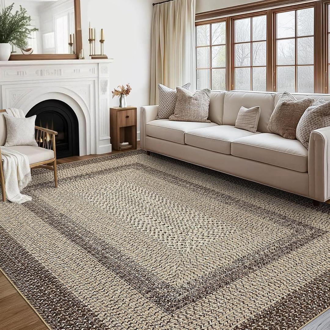 Imitation Braided Collection-Print 10x13 Area Rug for Living Room Large Washable Rug with Non-Slip Rubber Backing, Non-Shedding Stain Resistant Thin Foldable Carpet - Brown/Natural