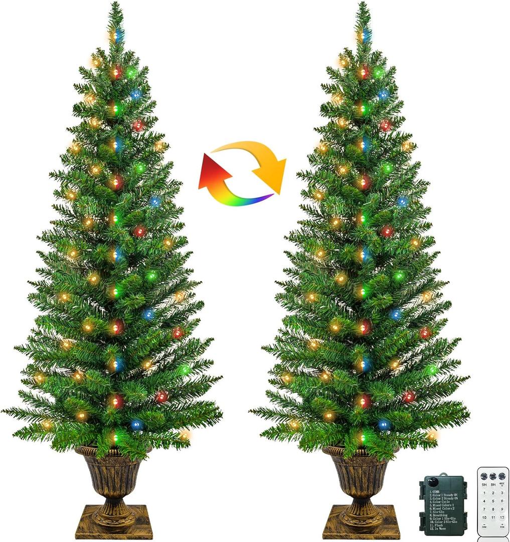 2 Pack 4 Ft Outdoor Potted Christmas Tree for Porch with 3 Mode Timer Dual Color Change 80 Warm White & Multi Color Lights 12 Mode Remote Control Battery Operated Xmas Tree Front Door Decor