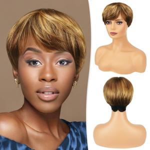 RUWISS Pixie Cut Wigs for Black Women Pixie Cut Human Hair Wigs Short Layered Wigs Upper Brown&Blonde Mixed Lower Natural Black Short Pixie Human Hair Wigs (BL1B/427 (Size - 1157)