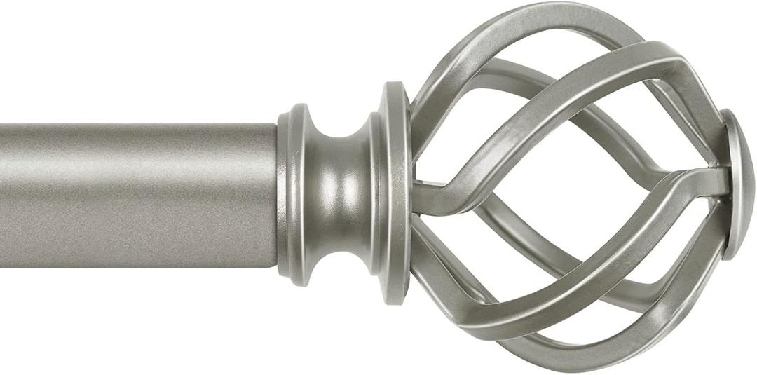KAMANINA 1 Inch Curtain Rod Single Window Rod 36 to 72 Inches (3-6 Feet), Antique Silver Curtain Rods for Windows, Twisted Cage Finials