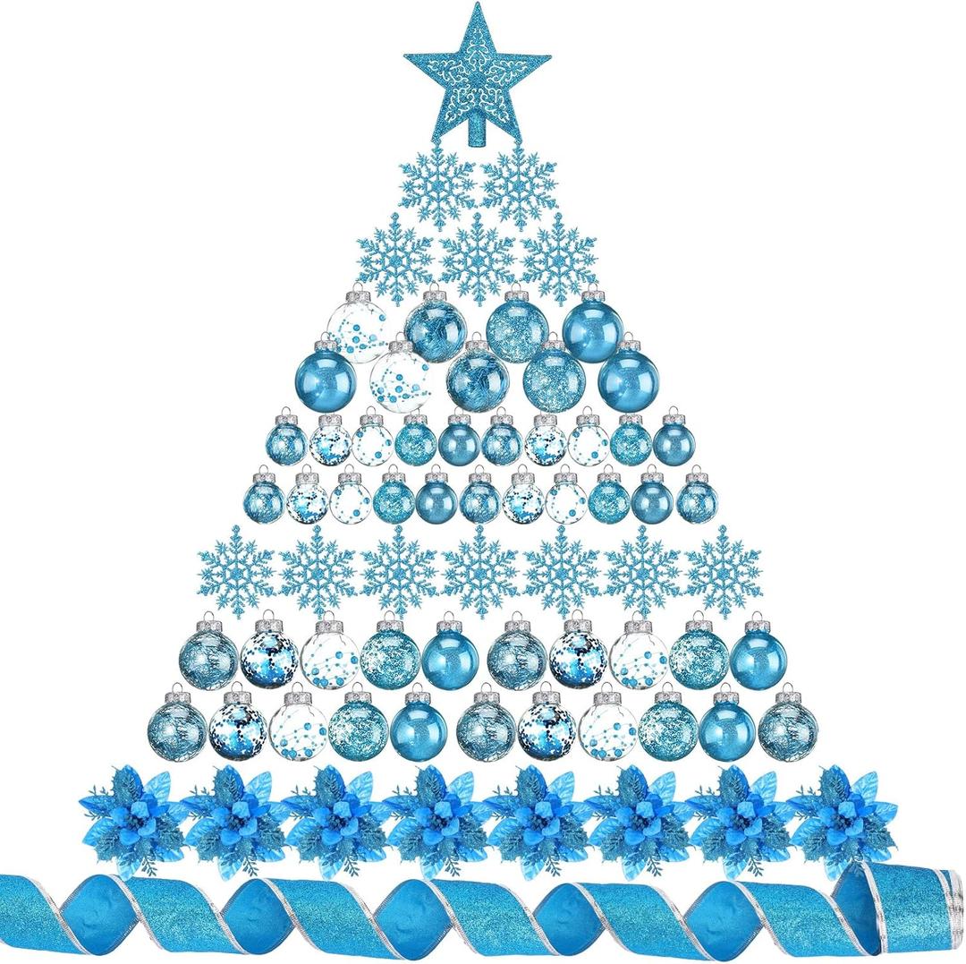 Jenaai Blue 74 Pcs Christmas Ball Ornaments Set Plastic Shatterproof Christmas Tree Decorations with Hanging Snowflakes Ribbons Artificial Poinsettia Flowers Tree Topper for Xmas Decor