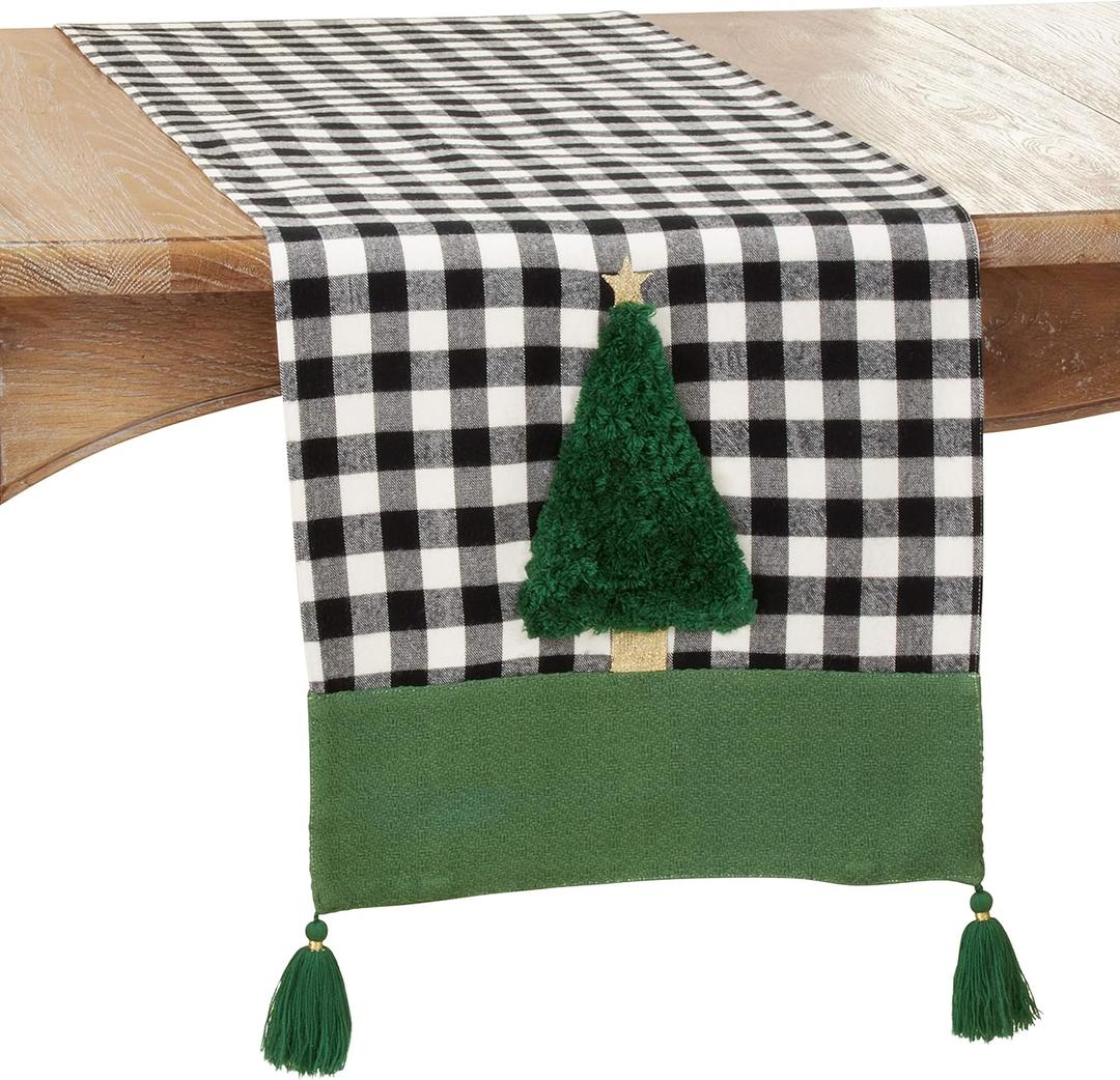 SARO LIFESTYLE Merry Martinique Collection Christmas Tree Design Buffalo Plaid Table Runner, 16" x 72", Green