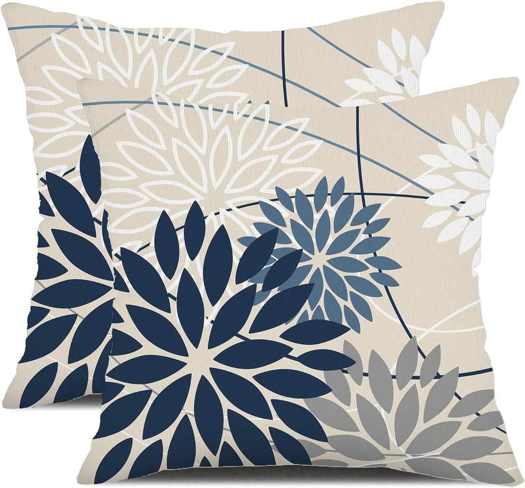 Blue and Gray Floral Pillow Covers 18x18 Set of 2 Outdoor Waterproof White Colored Decorative Throw Pillows Summer Pillowcase Polyester Cushion Case Decor for Couch Patio Funiture Garden Porch 01B18 (Dark Blue Grey)