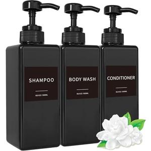 Black Shampoo Dispenser with Pump, YACEYACE 16.9oz Set of 3 Shampoo Bottles with Labels, Empty Refillable Shampoo and Conditioner Bottles, Body Wash Dispenser for Shower, Soap Dispenser Shower (Black, Set of 3, 16.9oz)