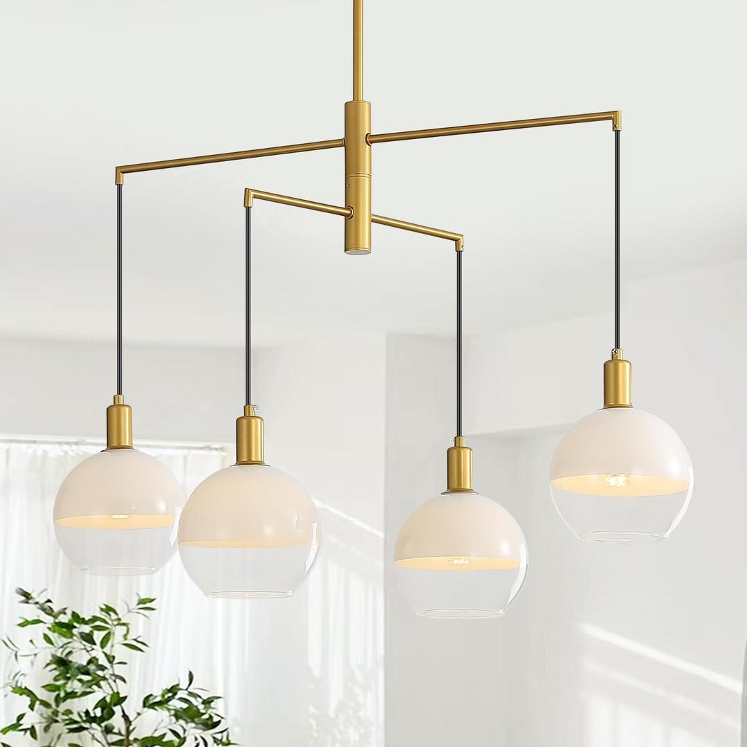 GlowHub Modern Gold Chandelier Mid-Century Milk White Glass Globe Pendant Light Sputnik Chandelier 4-Light Hanging Light Fixture Vintage for Dining Room Foyer Living Room Staircase, 30" Wide